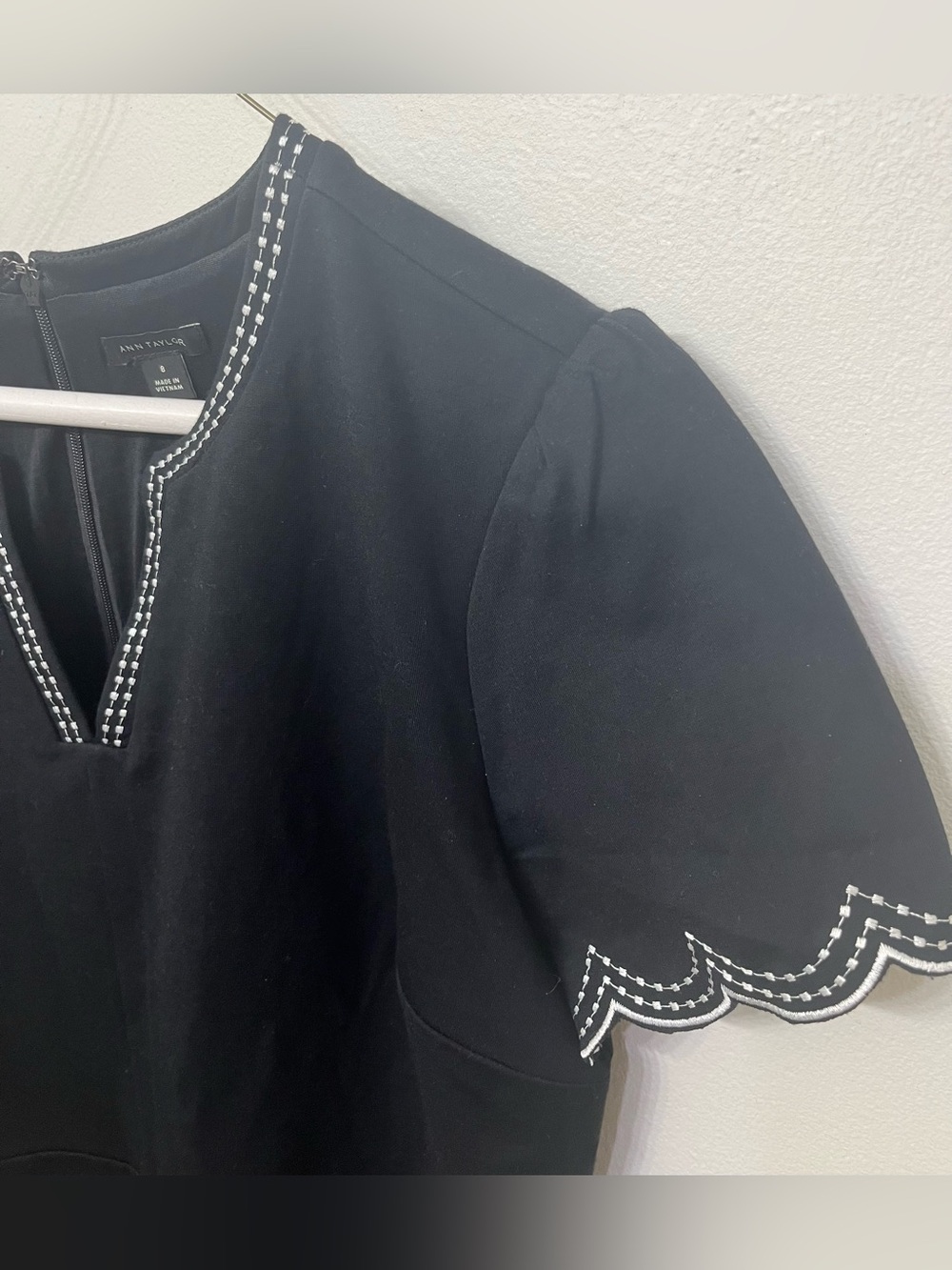 Ann Taylor Black Short Sleeve Dress with White Scallop Trim